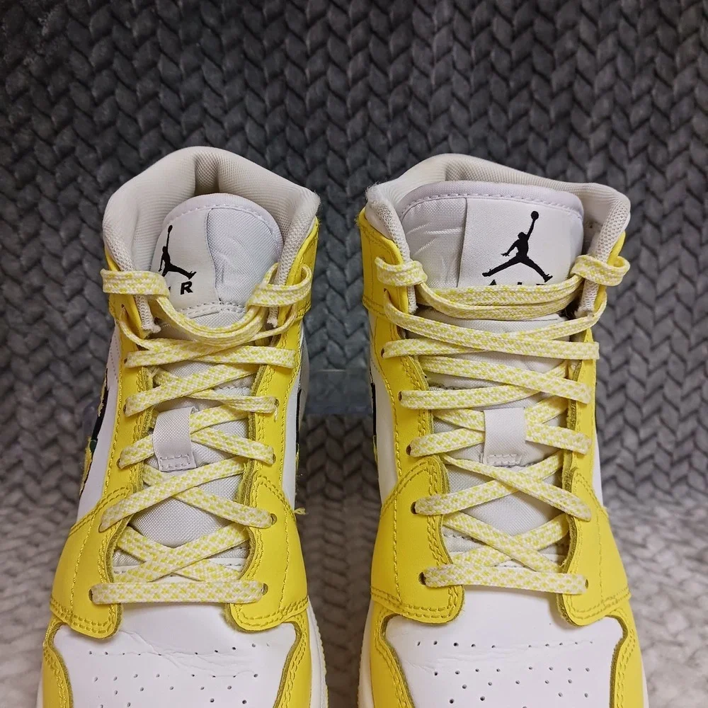 Air Jordan 1 Retro Mid SE GS Dynamic Yellow Floral Rose Patch Shoes Size 4.5Y